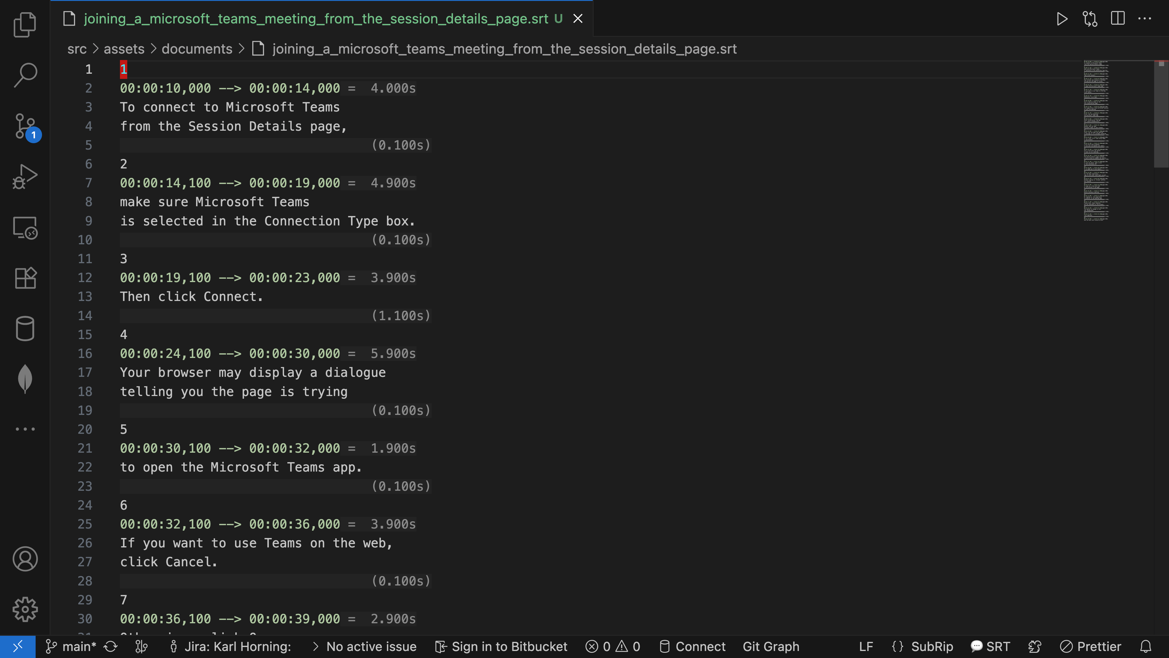 Visual Studio Code showing an open SRT subtitle file for a Microsoft Teams meeting guide. Numbered subtitle cues are visible with timestamps and caption text including 'To connect to Microsoft Teams' and 'from the Session Details page'. The status bar indicates the SRT file type.