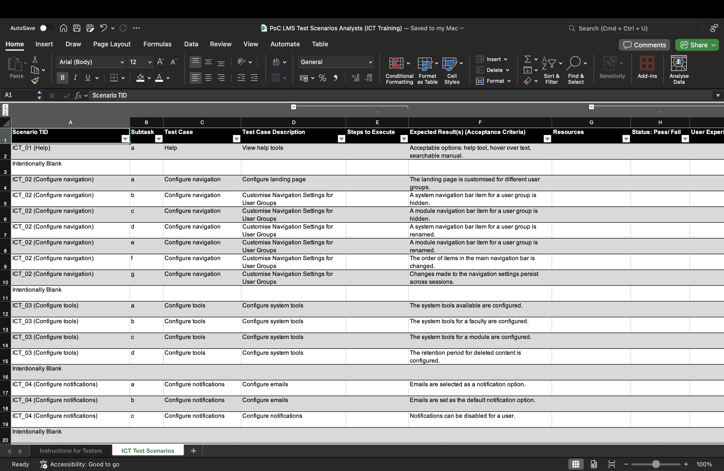 An Excel spreadsheet titled 'PoC LMS Test Scenarios Analysts (ICT Training)' showing a structured test script. Columns include Scenario TID, Subtask, Test Case, Test Case Description, Steps to Execute, Expected Results (Acceptance Criteria), Resources, and Status. Test cases cover navigation configuration, system tools, and notification settings. The status bar at the bottom shows 'Accessibility: Good to go'.