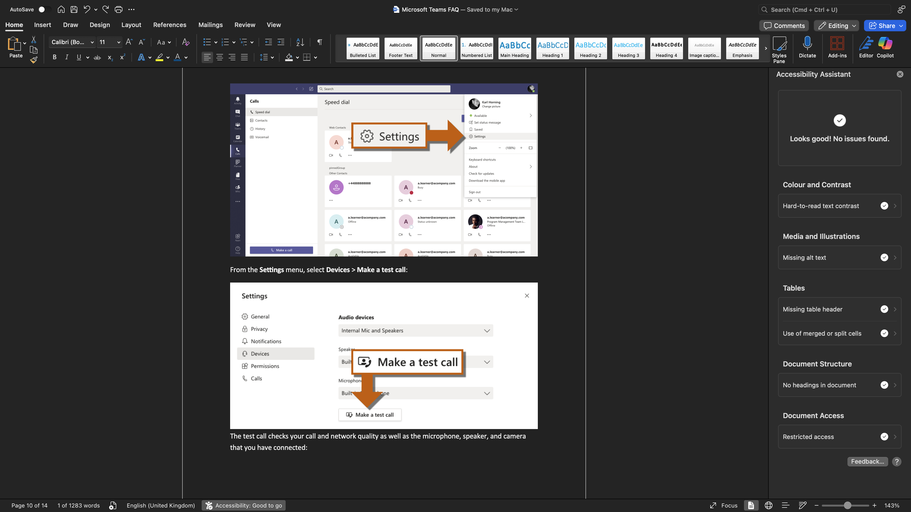 The Microsoft Teams FAQ Word document open on page 10 of 14, showing step-by-step instructions for making a test call via Settings > Devices > Make a test call, with annotated screenshots of the Teams interface. The Accessibility Assistant panel on the right shows 'Looks good! No issues found.'
